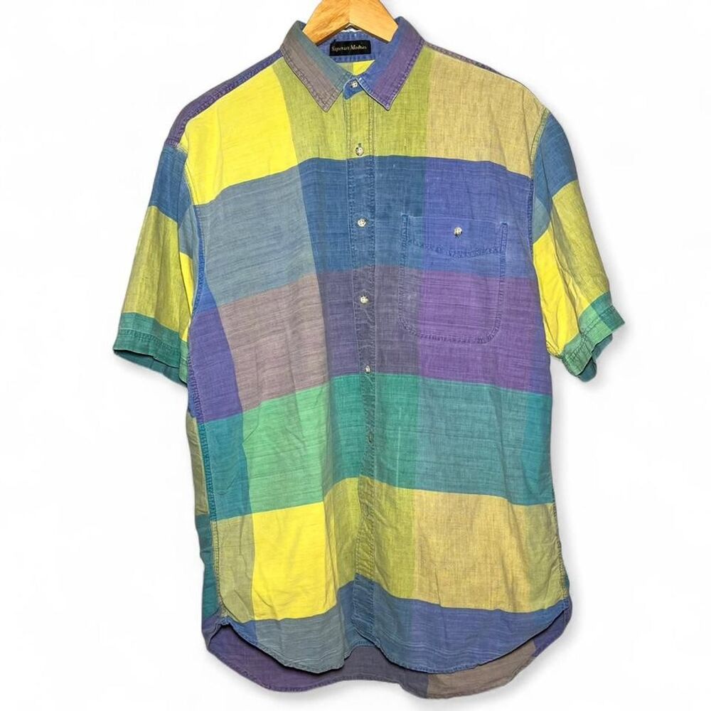Vintage 90s Eddie Bauer Multicoloured Striped Color Block Preppy Button Shirt L